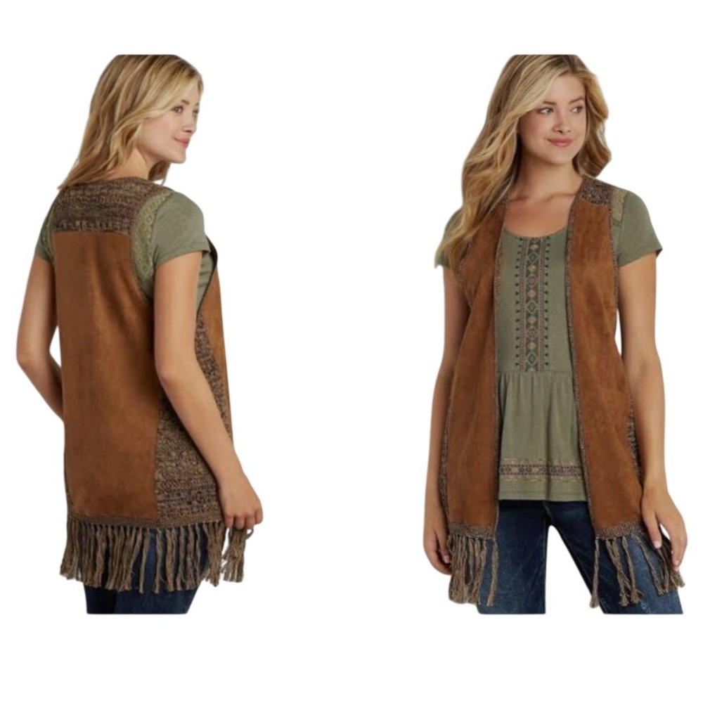 Maurices Festival Western Boho Brown Faux Suede Crochet Fringe Open Vest Sz S